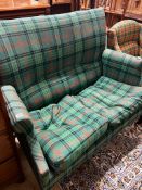 An Edwardian tartan fabric upholstered two seater settee, length 120cm, depth 64cm, height 102cm