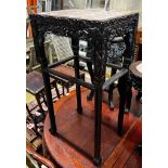 A Chinese marble top carved hongmu vase stand, width 42cm, depth 32cm, height 80cm