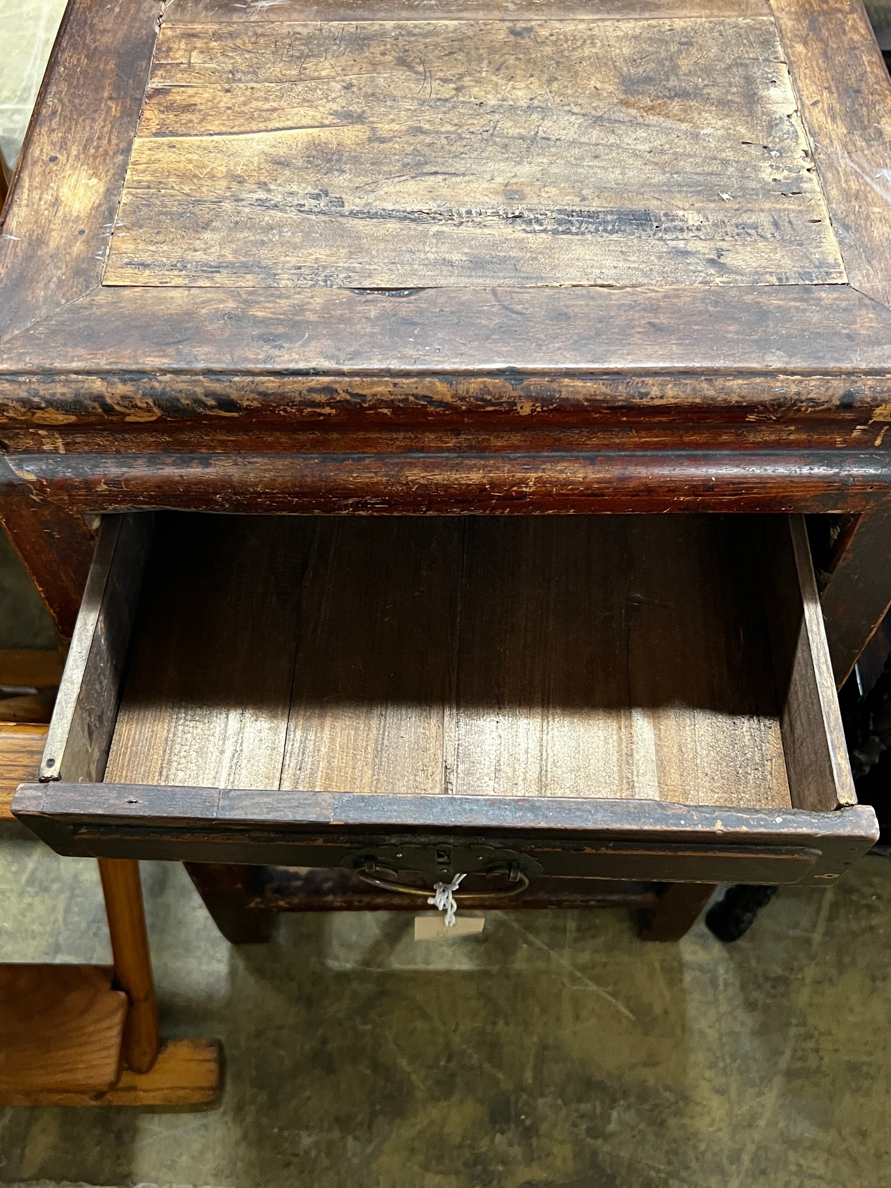 A Chinese lacquered wood three drawer side table, width 43cm, depth 44cm, height 77cm - Image 3 of 6