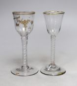 Two George III DSOT stem James Giles gilt decorated wine glasses. Tallest 15cm