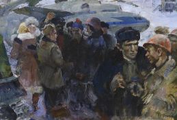 Nikolai Petrovich Sochnev (Russian, b.1930), oil on canvas, Soviet workers in a winter landscape,