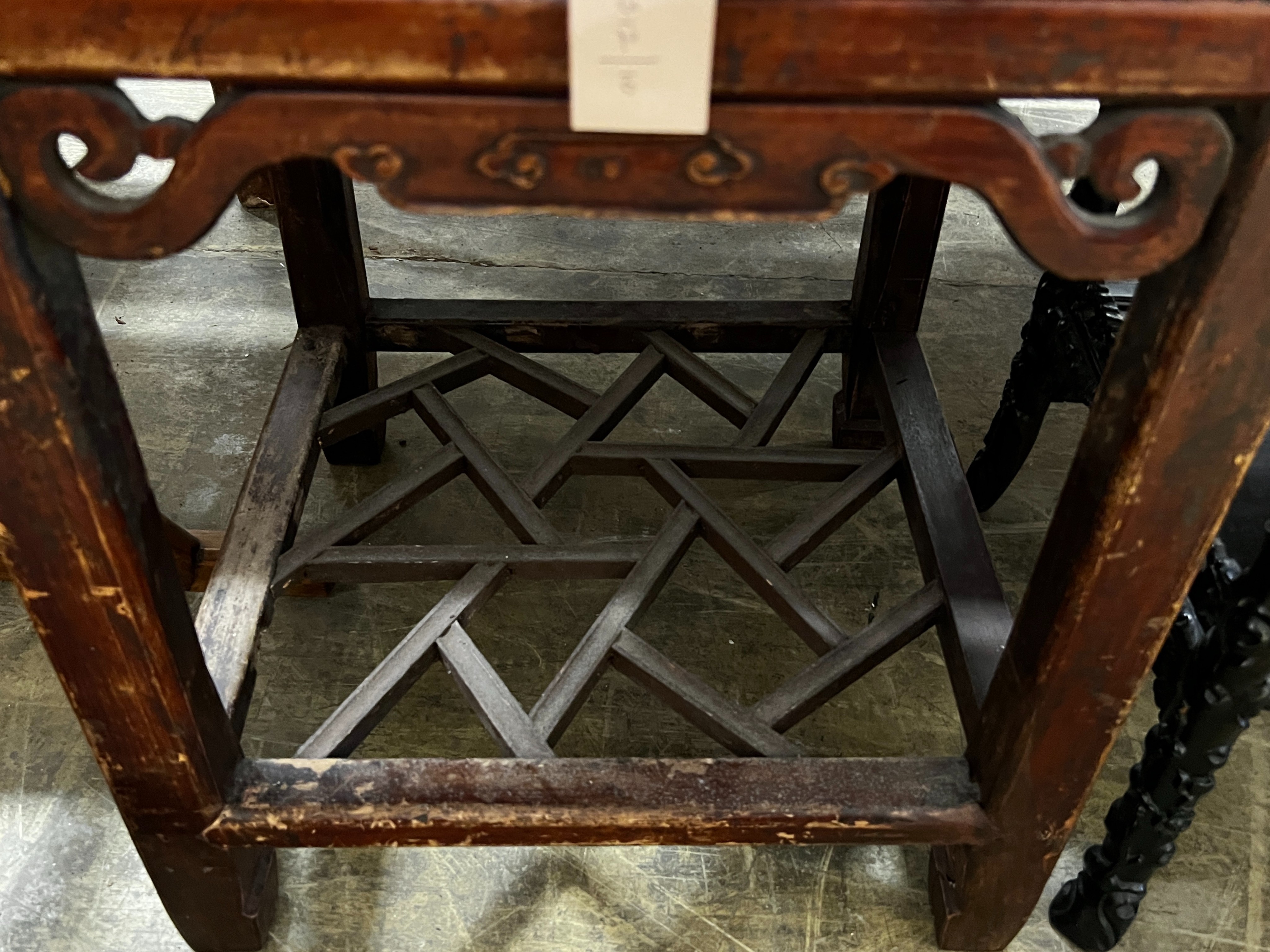 A Chinese lacquered wood three drawer side table, width 43cm, depth 44cm, height 77cm - Image 6 of 6