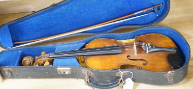 15 1/4 inch viola, cased, circa 1880 and a silver mounted bow with ivory tip, viola 65 cms long
