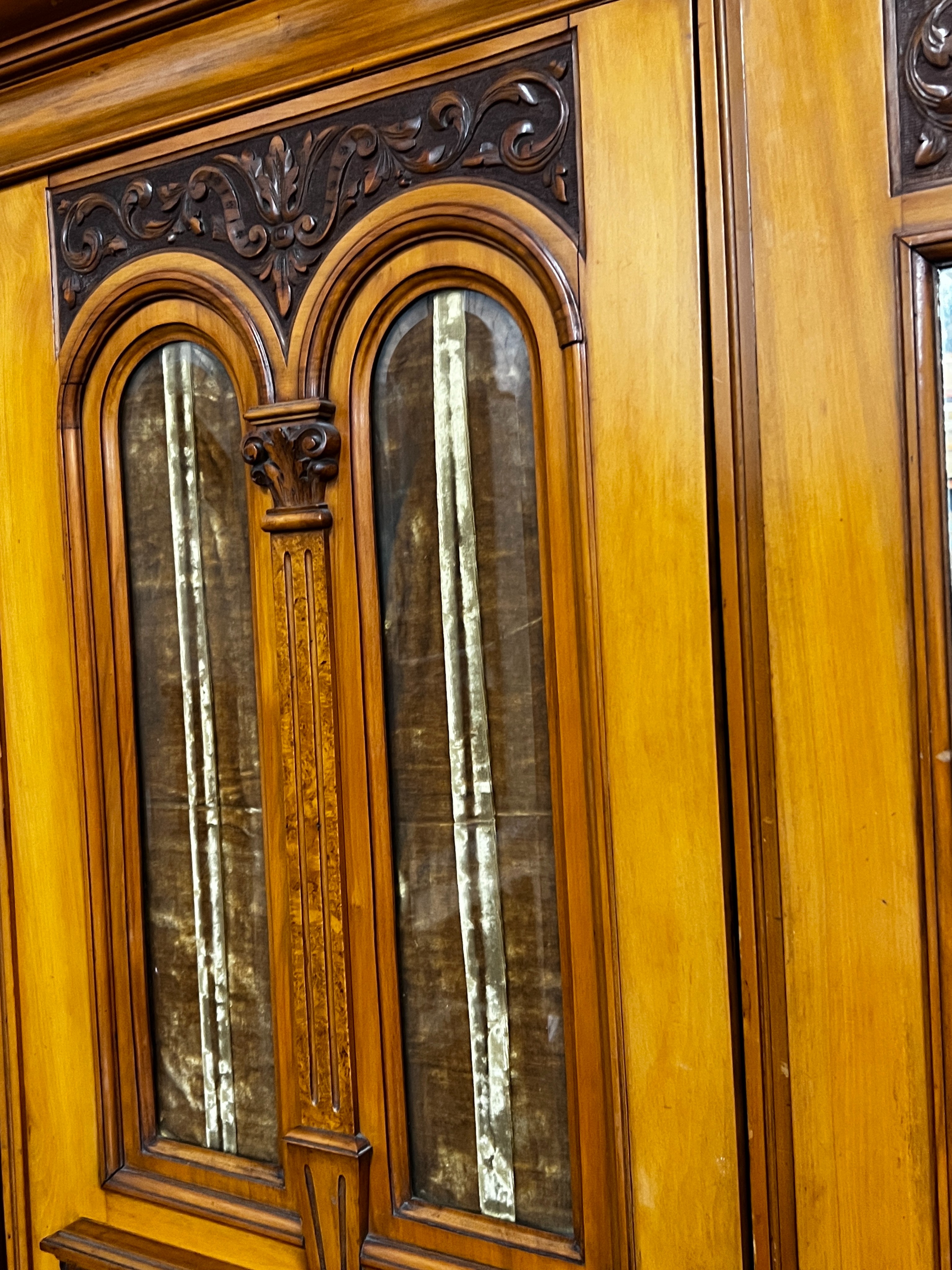 A late Victorian satin walnut and burr elm two door mirrored wardrobe, width 130cm, depth 50cm, - Image 3 of 5