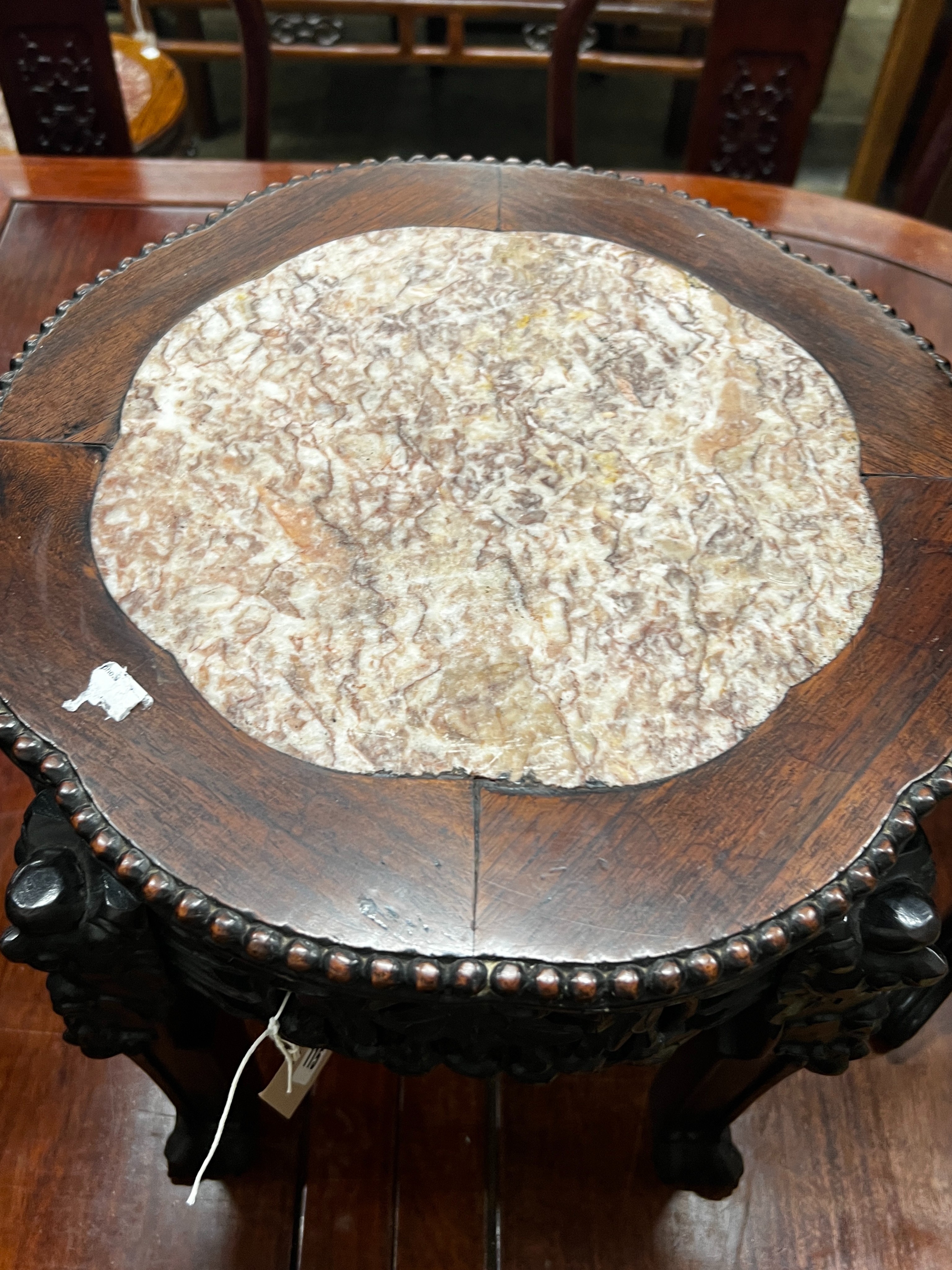 A Chinese circular marble top hongmu vase stand, diameter 36cm, height 39cm - Image 2 of 3