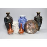 A pair of Japanese cloisonné enamel vases, four Japanese vases and an antimony dish. Tallest 22cm