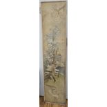 A framed silk embroidered panel, possibly French, cut from a larger piece, 137cms high x 27wide