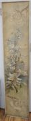 A framed silk embroidered panel, possibly French, cut from a larger piece, 137cms high x 27wide