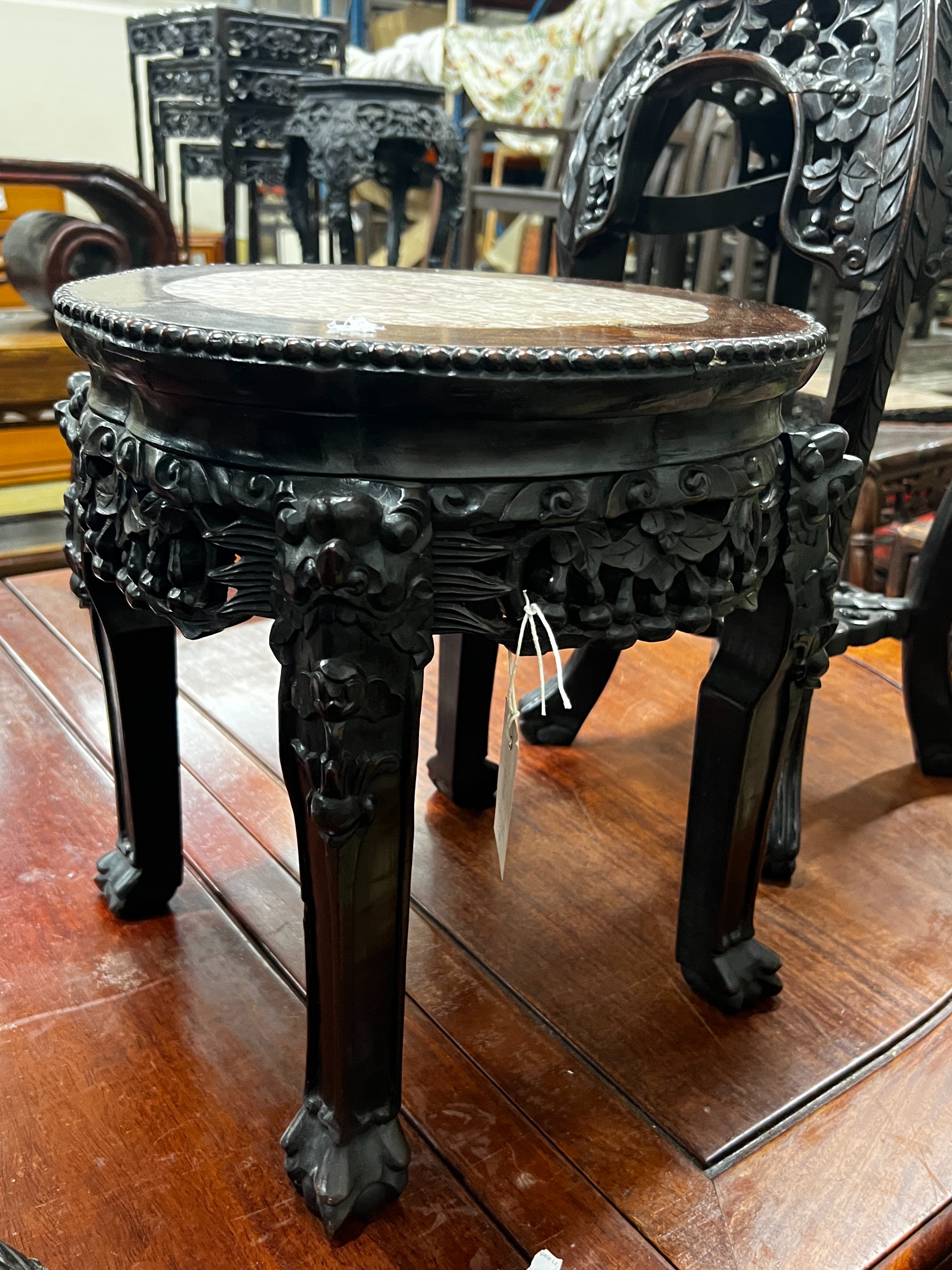 A Chinese circular marble top hongmu vase stand, diameter 36cm, height 39cm - Image 3 of 3