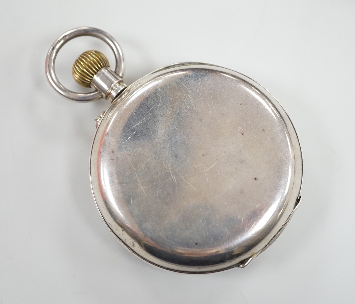 A tortoiseshell mounted travelling watch case, containing a Swiss white metal pocket watch, case - Image 3 of 4