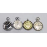 Three assorted base metal military pocket watches (a.f.) including Waltham black dial, case diameter