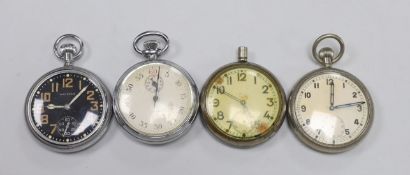 Three assorted base metal military pocket watches (a.f.) including Waltham black dial, case diameter