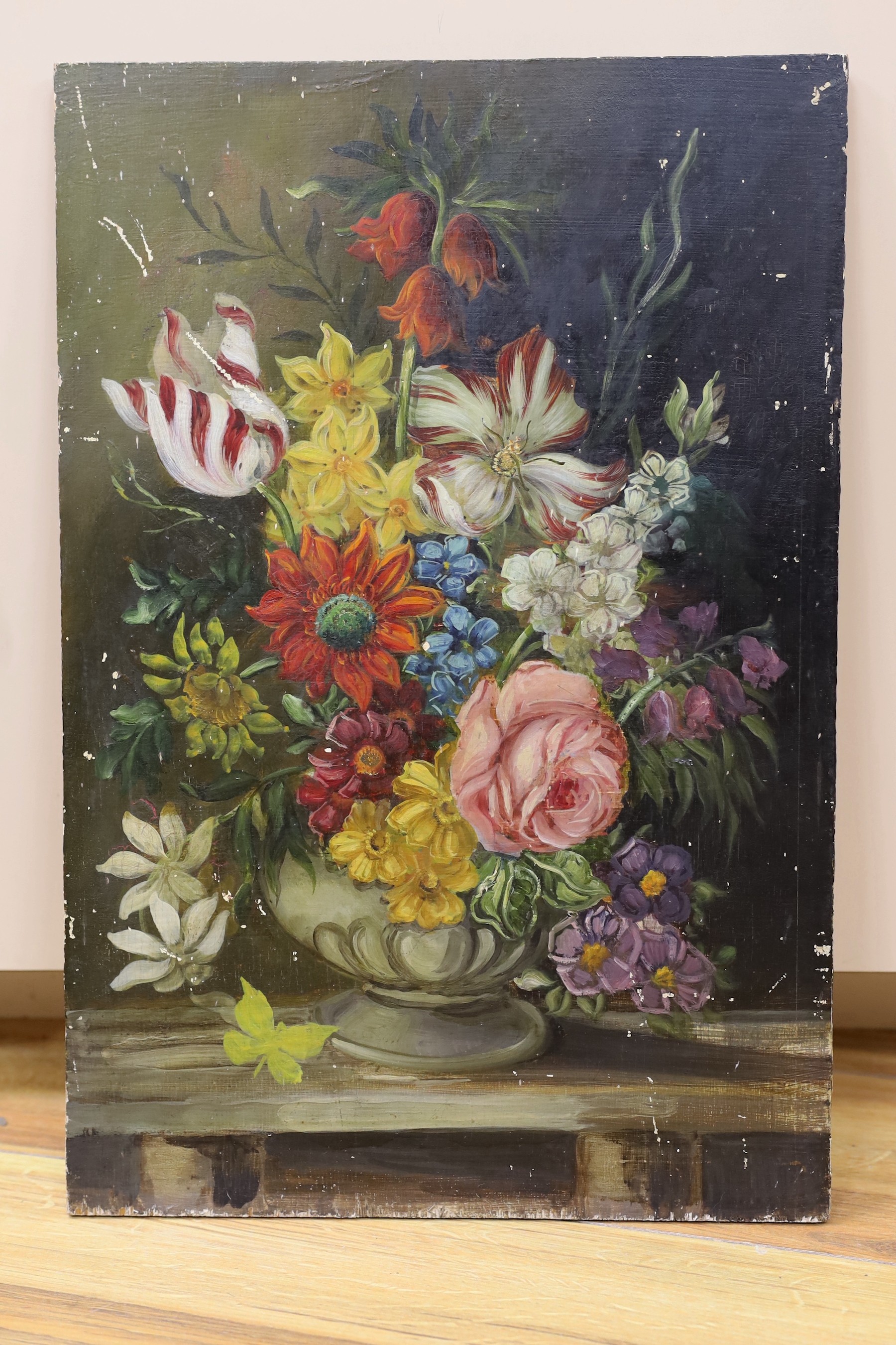 English School, oil on panel, Still life of flowers in a vase upon a ledge, 46 x 31cm, unframed - Image 2 of 2