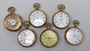 Six assorted mainly early 20th century gold plated open face or half hunter pocket watches including