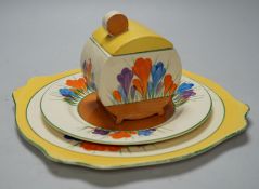 A Clarice Cliff seventeen piece Autumn Crocus part teaset, including a preserve jar and cover