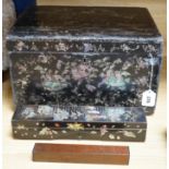 A late 19th century Chinese lacquer box, two smaller Japanese lacquer boxes, a doll, a collection of
