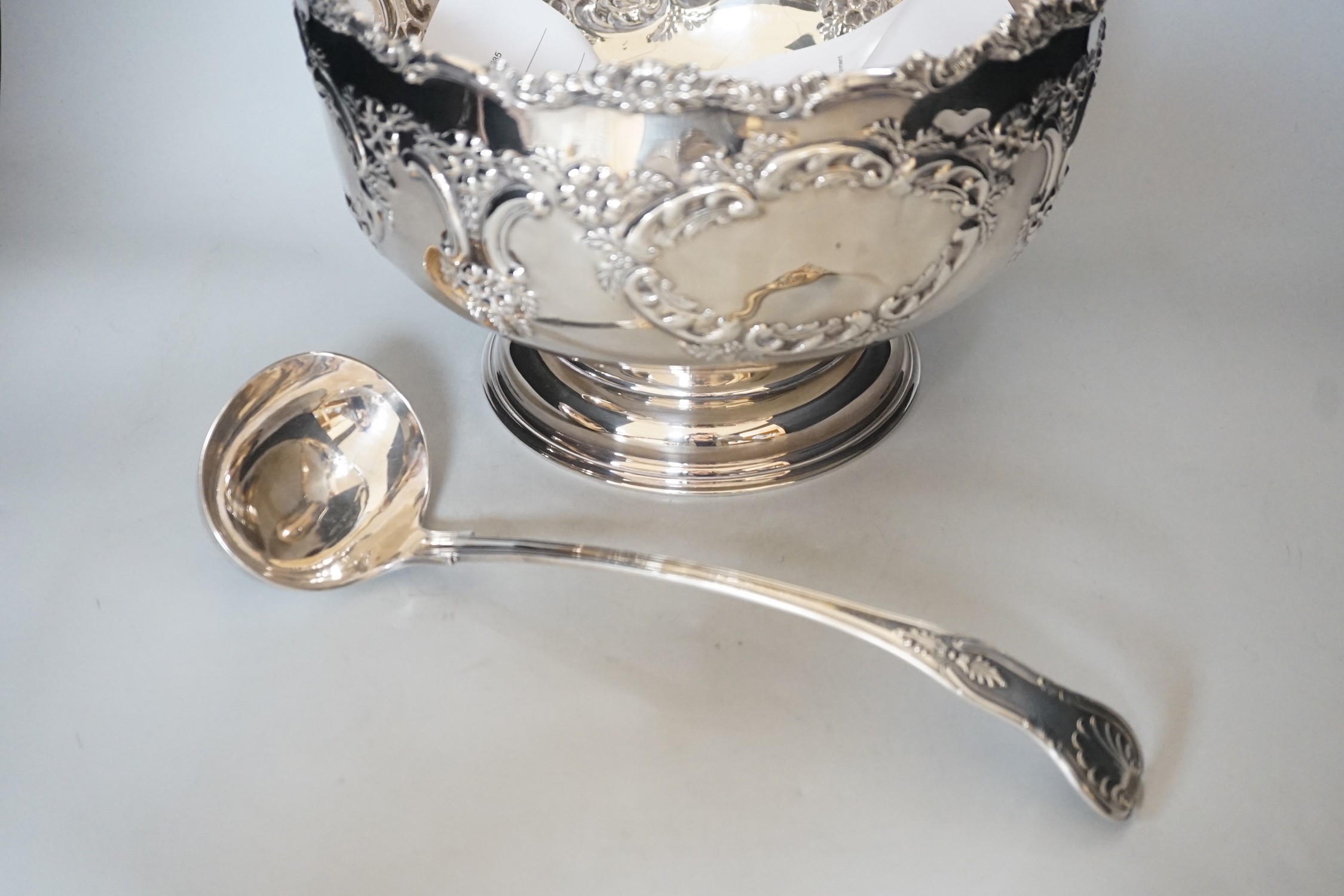 A Sheffield plated punch bowl and a plated soup ladle, bowl 30cms diameter - Image 2 of 3