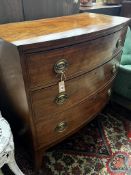 A Regency mahogany bow fronted chest of three long graduated drawers, width 100cm, depth 53cm,