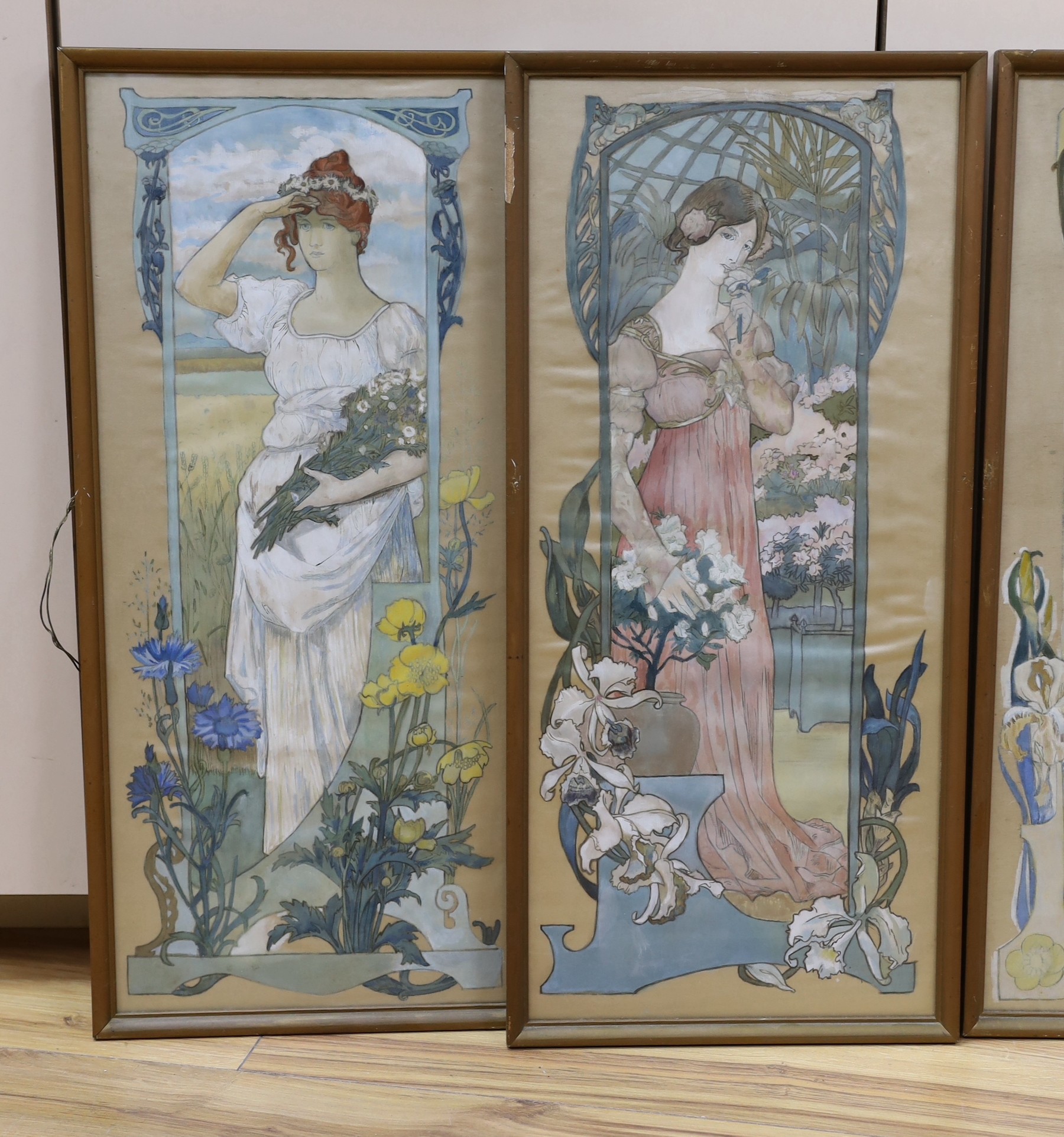 M.M. Maranz, set of four painted silk panels, Classical beauties and flowers, signed, 59 x 26cm - Image 2 of 3