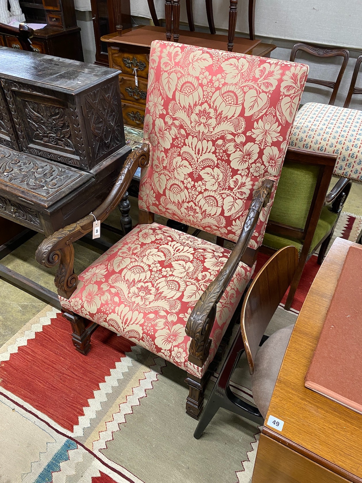 A Louis XVI style oak upholstered open armchair, width 63cm, depth 62cm, height 118cm