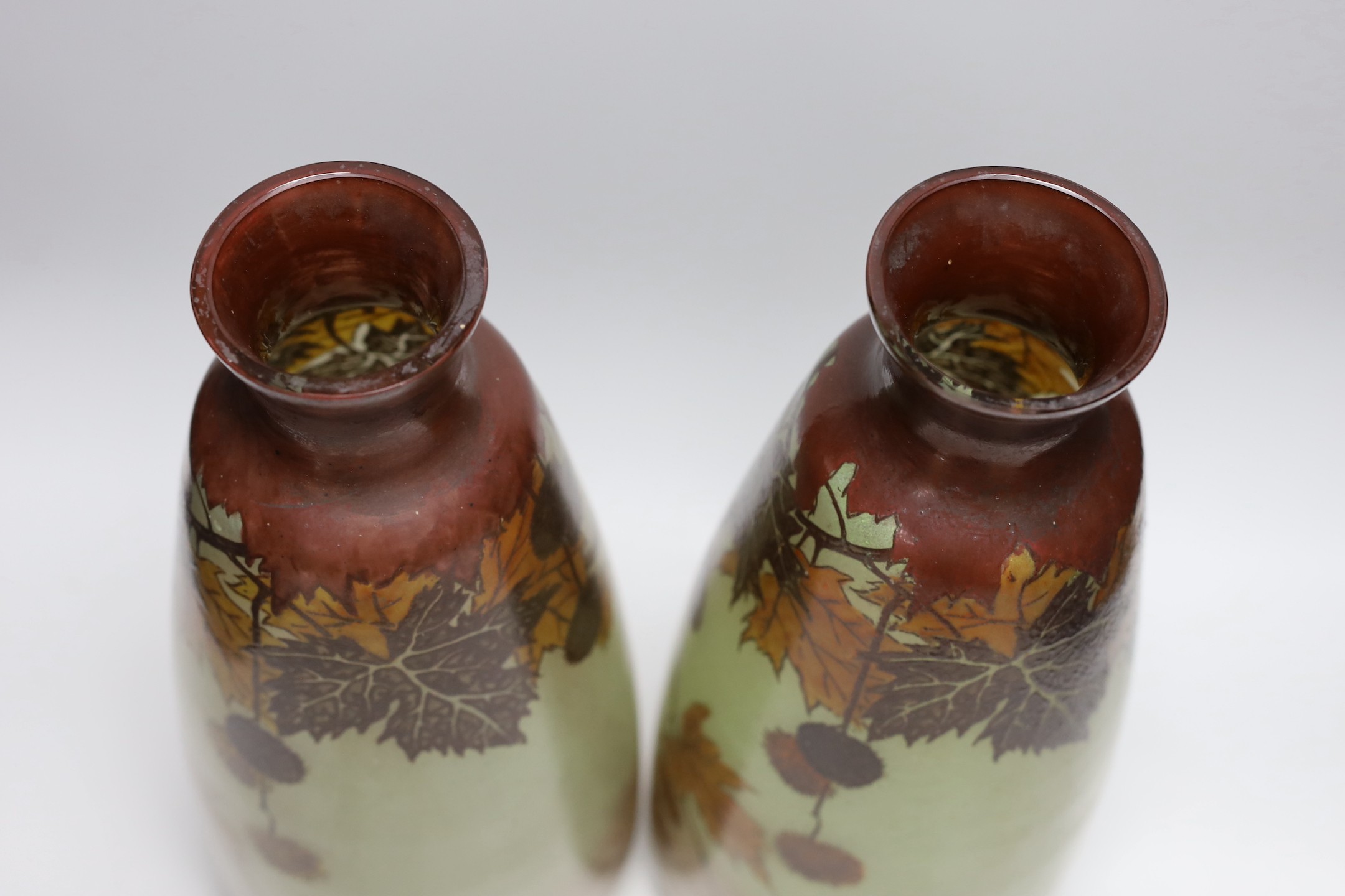 A large pair of French glass enamelled vases with autumnal design. 42cm tall - Image 3 of 4