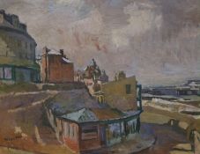 Modern British, oil on board, View of a seaside town, indistinctly signed, 33 x 42cm