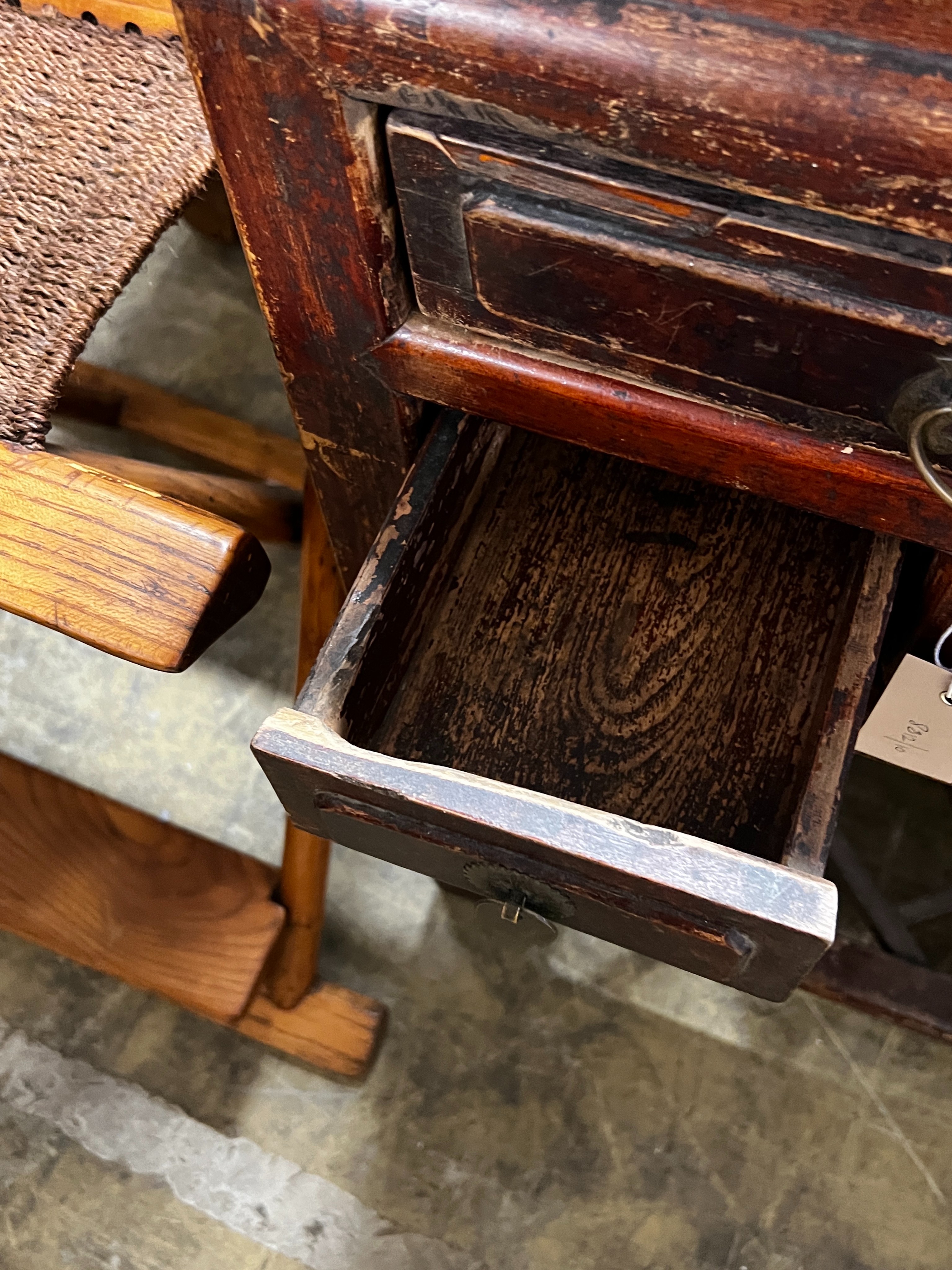 A Chinese lacquered wood three drawer side table, width 43cm, depth 44cm, height 77cm - Image 4 of 6