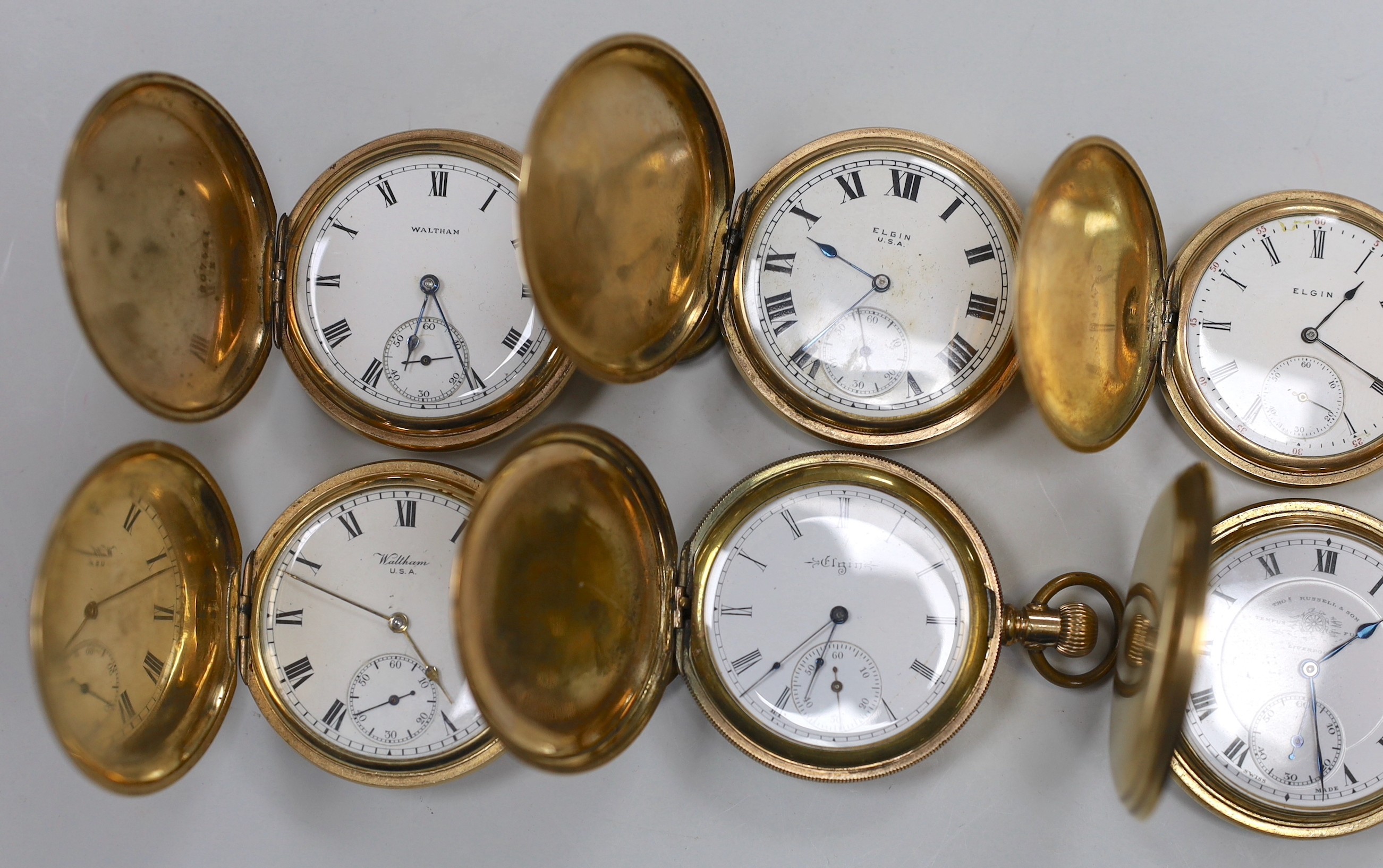 Nine assorted mainly late 19th/early 20th century gold plated hunter pocket watches including four - Image 2 of 4