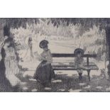 Henri Ottmann (French, 1877-1927), lithograph, Mother and child seated on a park bench, signed in