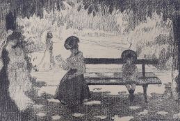 Henri Ottmann (French, 1877-1927), lithograph, Mother and child seated on a park bench, signed in