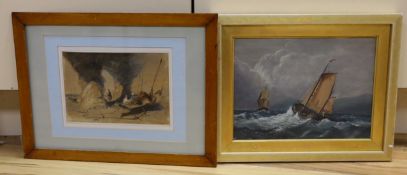 19th century English school, oil on board, Fishing boat at sea, 21 x 29cm and a watercolour of