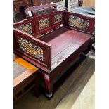 A Chinese scarlet lacquer parcel gilt bench, length 125cm, depth 70cm, height 97cm