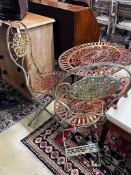 A painted oval folding wrought iron garden table, length 71cm, width 54cm, height 75cm together with