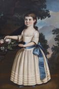 F. Hazelhurst, oil on canvas, Portrait of a girl standing in a landscape beside an urn of flowers,