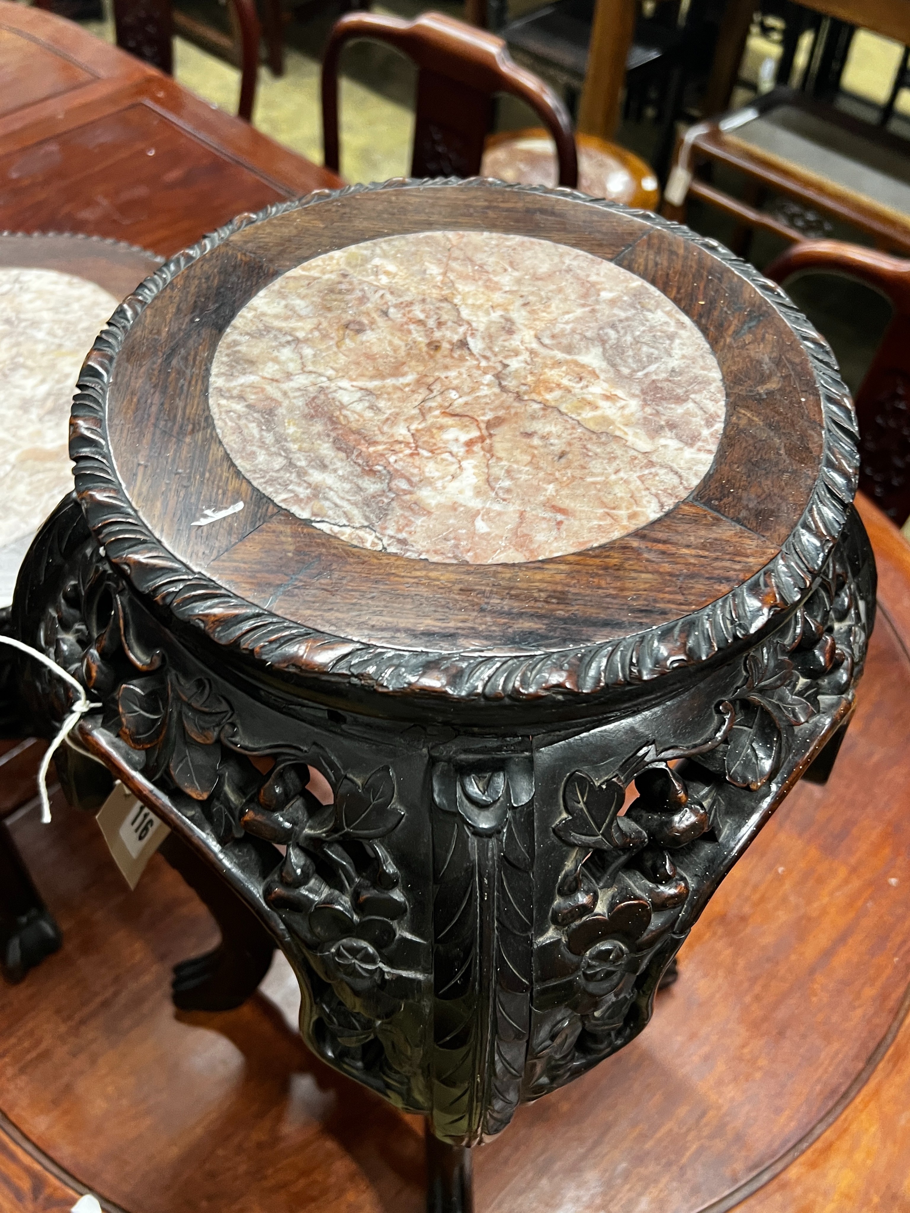 A Chinese circular marble top hongmu vase stand, width 34cm, height 60cm - Image 2 of 4