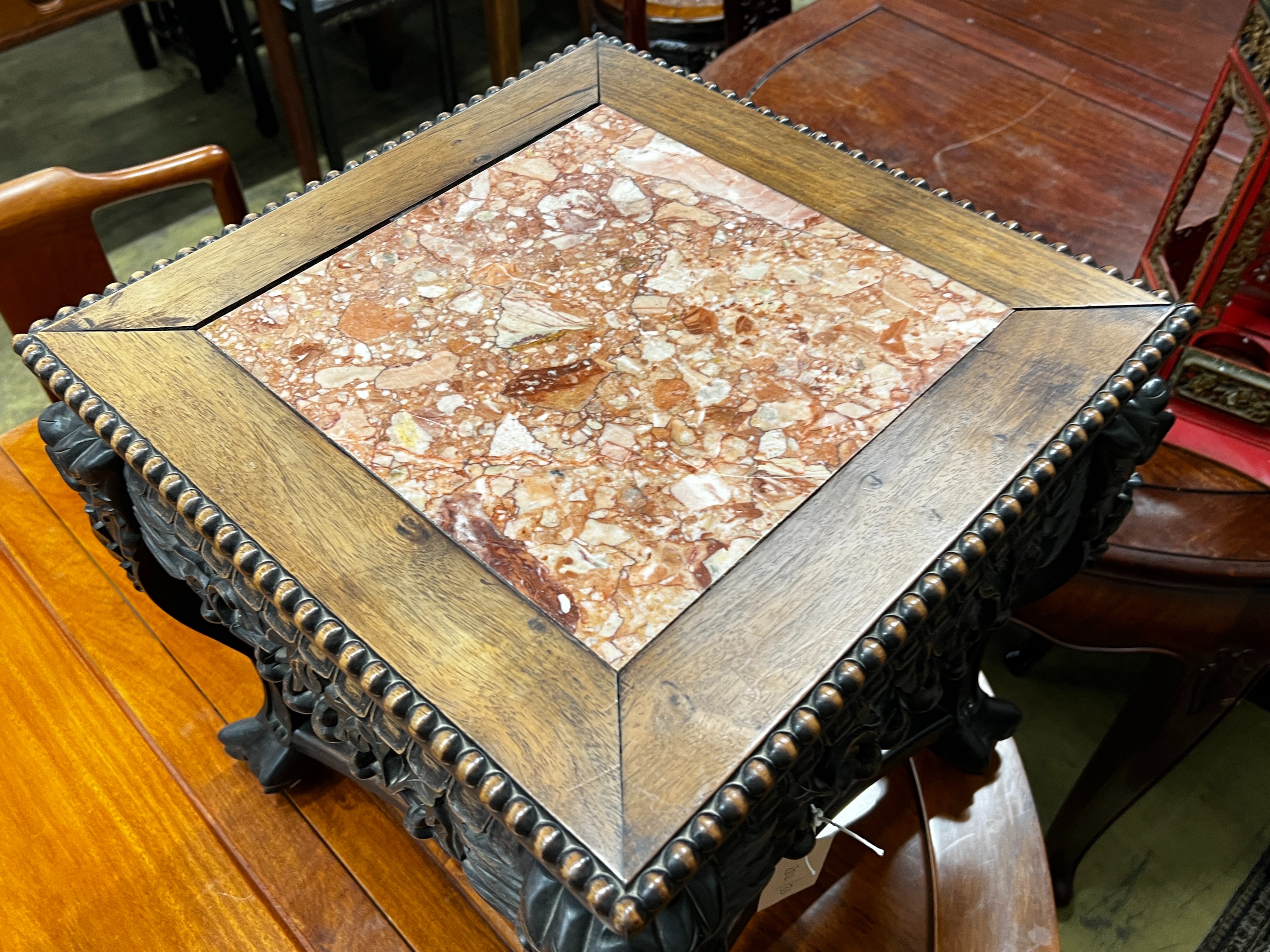 A Chinese marble top square carved hongmu vase stand, width 44cm, height 46cm - Image 2 of 4