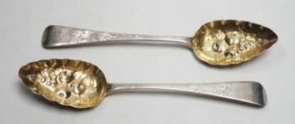 A pair of George IV silver Old English pattern 'berry' spoons, William Scofield,, London, 1826, 22.