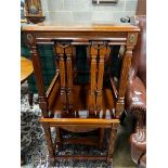 A pair of square reproduction walnut nests of tables, width 51cm, height 53cm