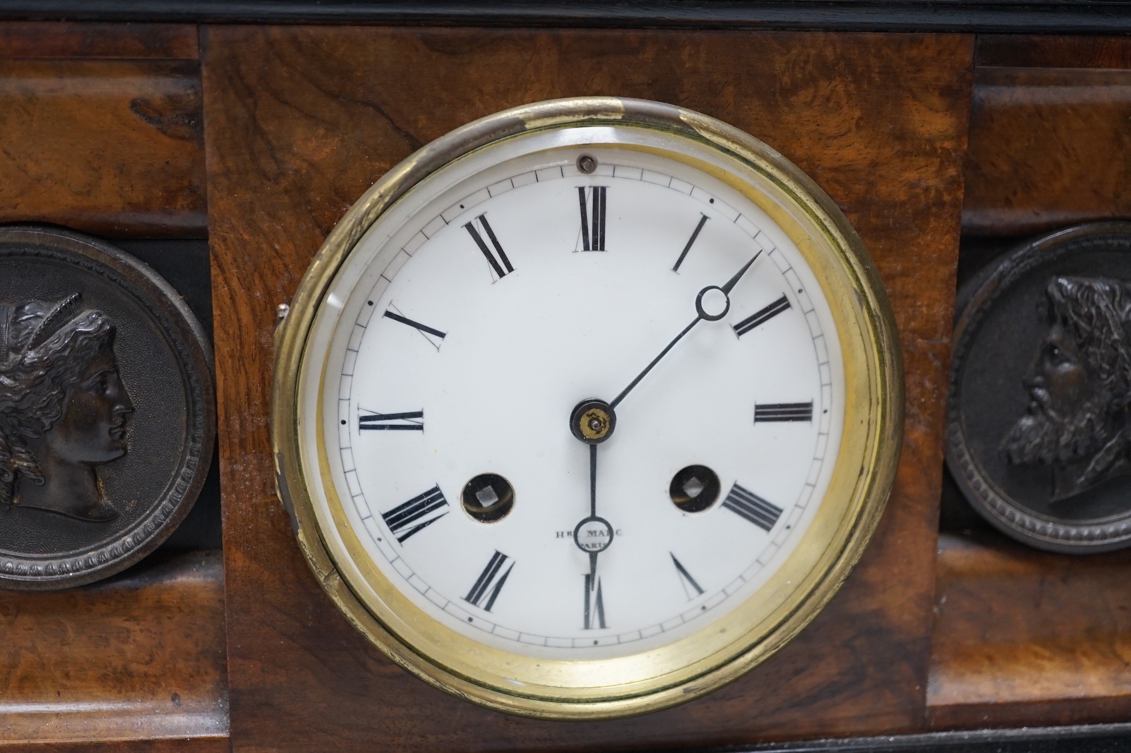 A Victorian walnut and ebonised bracket clock with two classical cartouches, 33cms wide x 23cms high - Image 2 of 7