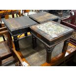 An Indian tile top hardwood table and two similar small tables, largest width 46cm, depth 45cm,