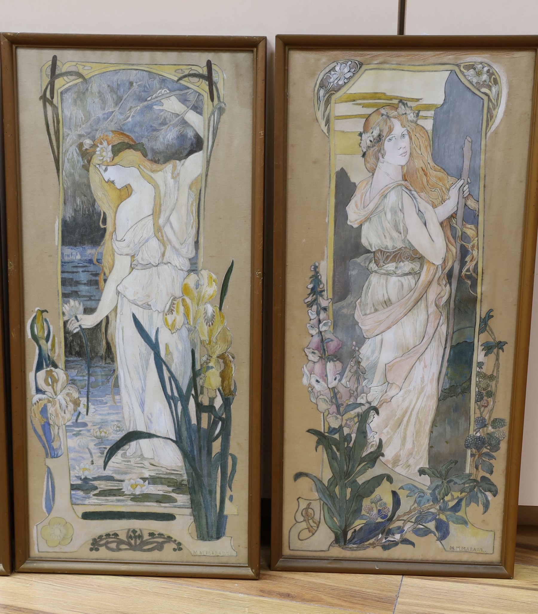 M.M. Maranz, set of four painted silk panels, Classical beauties and flowers, signed, 59 x 26cm - Image 3 of 3