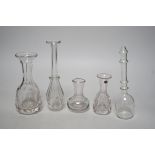 Three 19th century glass measures and two toddy lifts (5), tallest 19cms high,