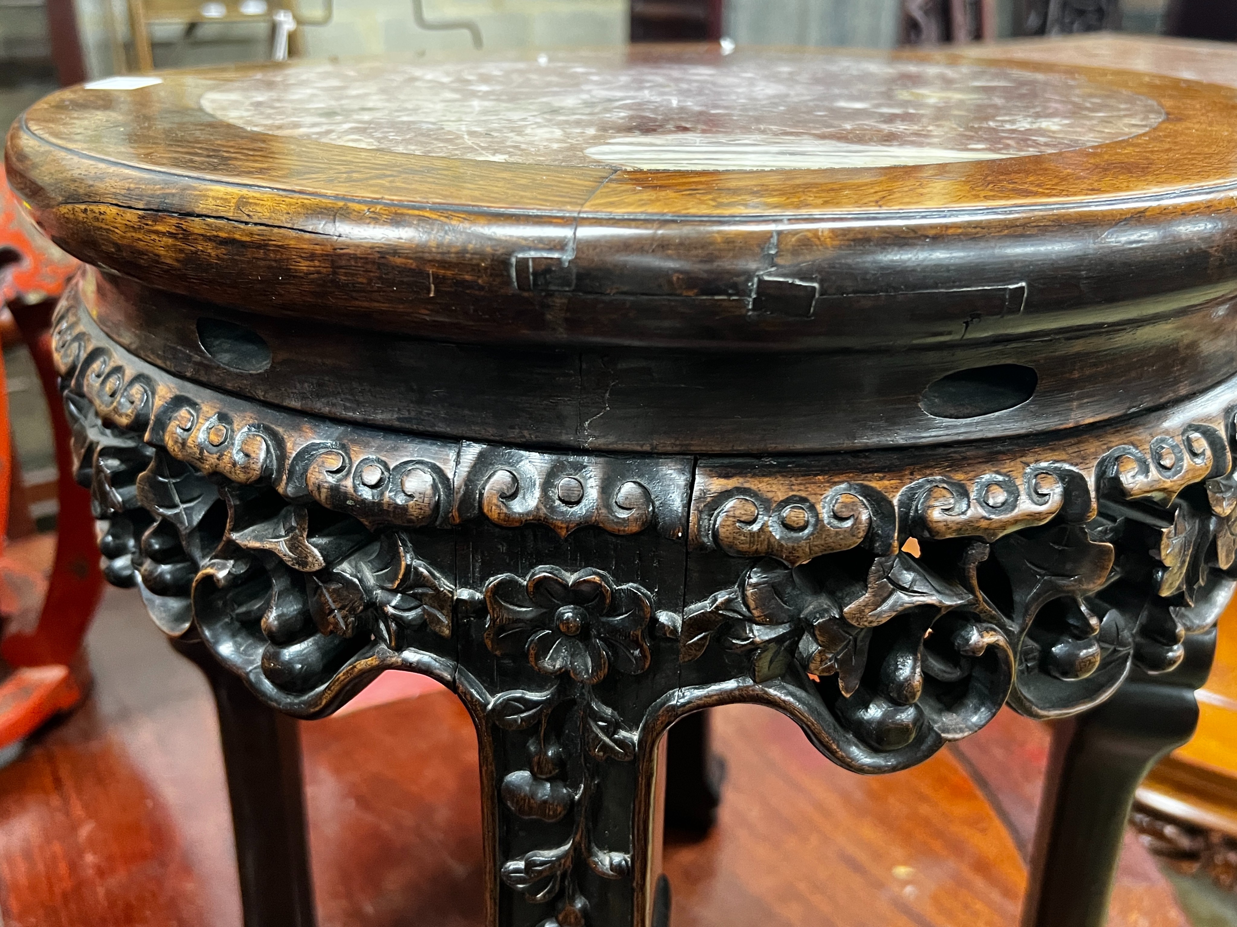 A Chinese circular marble top hongmu vase stand, diameter 41cm, height 48cm - Image 2 of 5