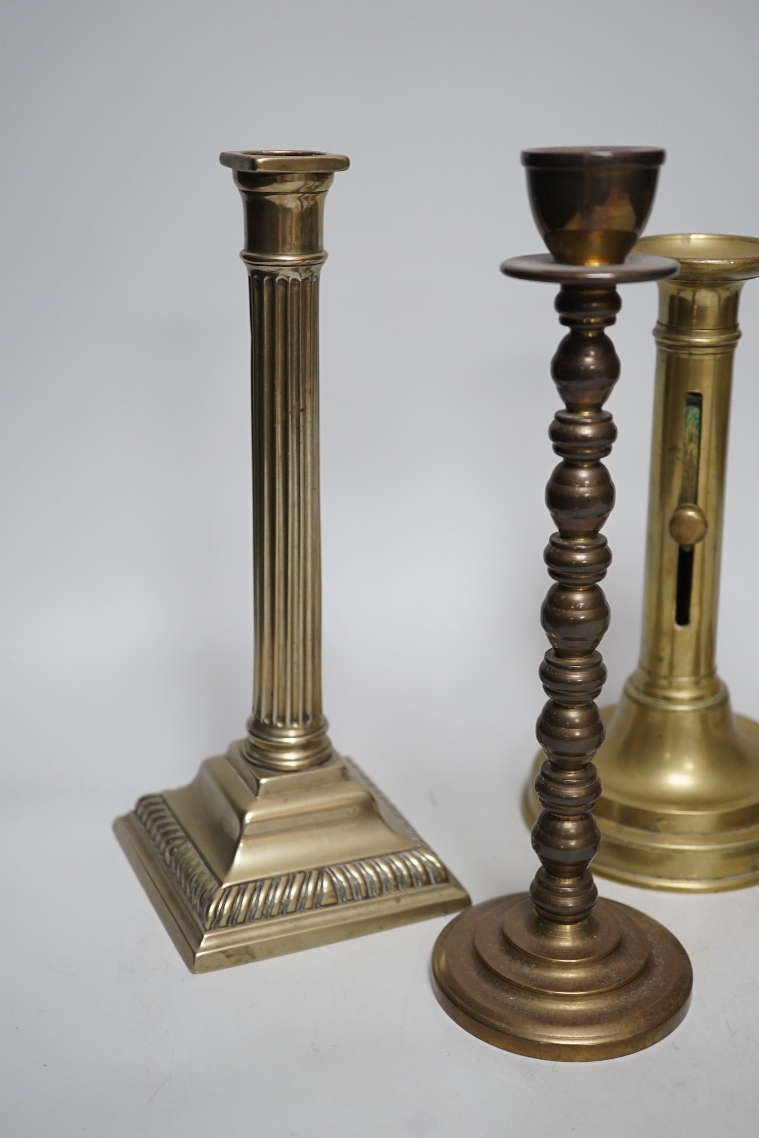 Five various brass candlesticks, tallest 26cms high - Image 6 of 6