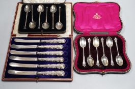 A set of six teaspoons, London, 1910, a set of six silver coffee spoons, six silver handled tea
