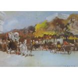 After Frederick Childe Hassam (1859-1935), watercolour, Carriages on a Parisian street, signed and