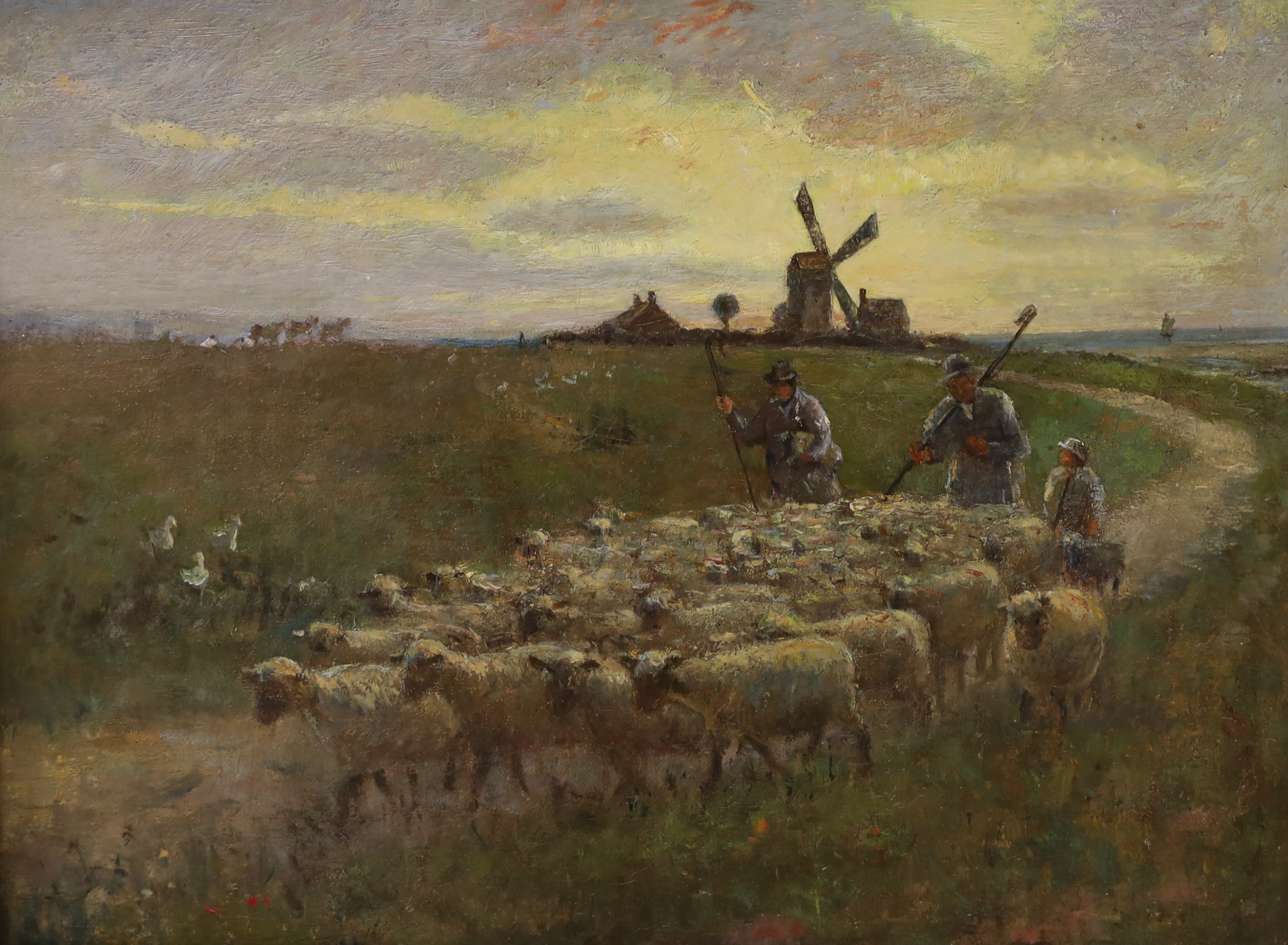 English School c.1900, oil on canvas, Shepherds and flock upon the downs, 30 x 40cm, together with a - Image 2 of 4