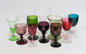 A group of 19th century coloured drinking glasses, and three glass rummers (12). Tallest 15cm
