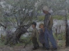 Early 20th century Dutch School, oil on canvas, Father and children walking beside willow trees,
