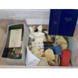 A box of UK and World coins including George V and George VI florins, shillings etc